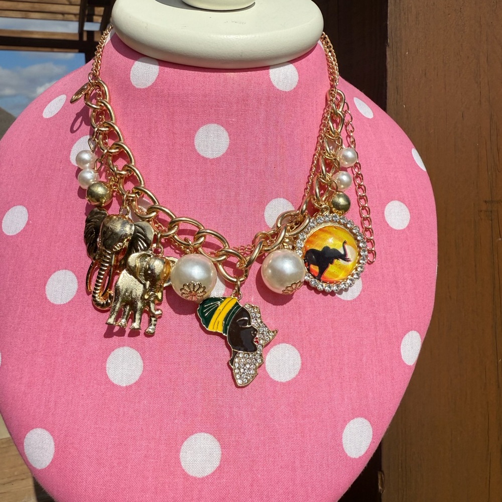 NWT! Gold Charm Bracelet with African Motifs, Pearls and Elephants